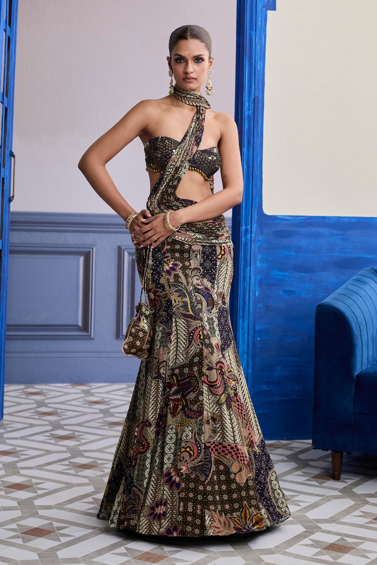 PURPLE EMBROIDERED BLOUSE WITH OLIVE FLORAL FISH CUT SAREE SET