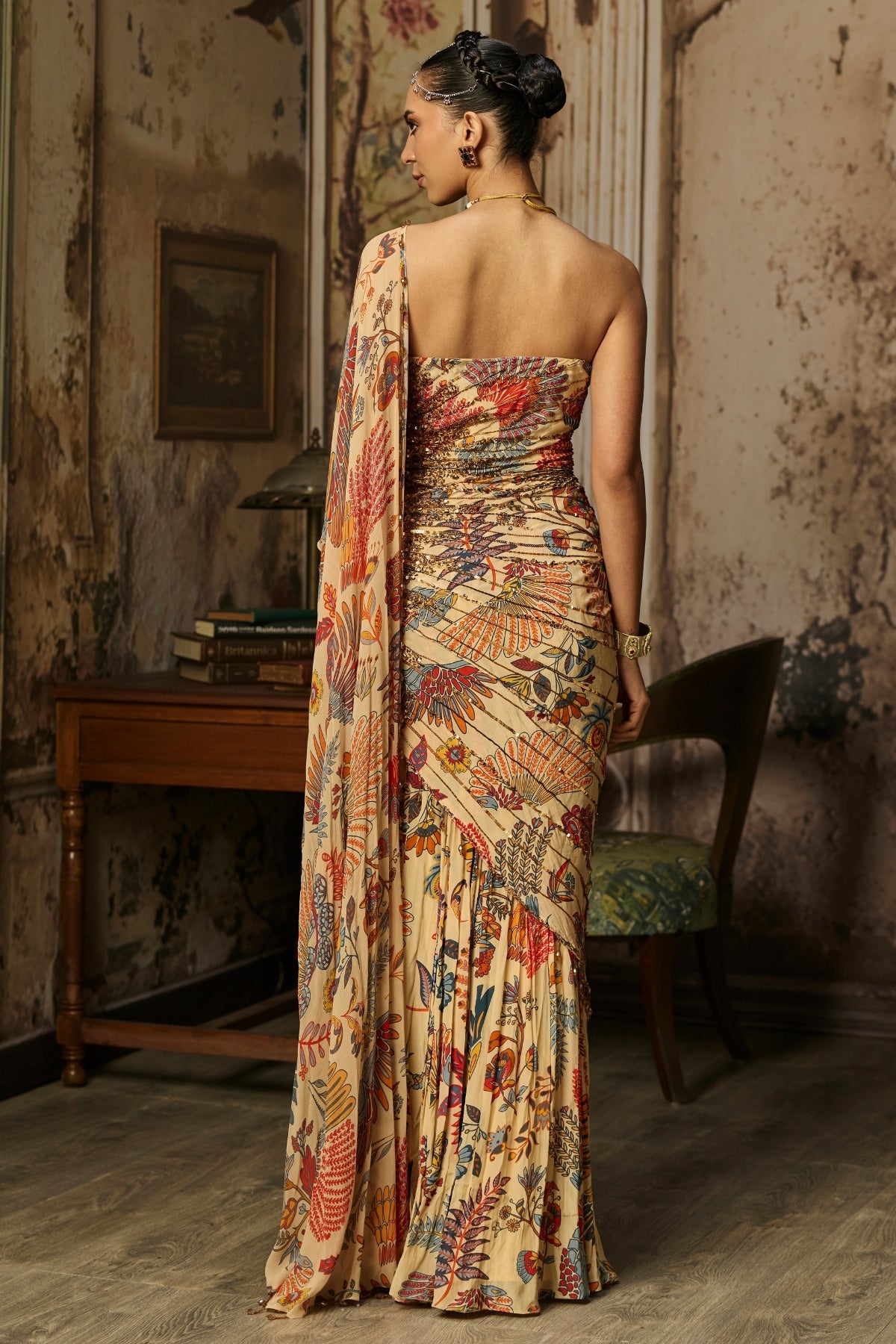 BEIGE PRINTED AND HIGHLIGTED DRAPE GOWN SAREE