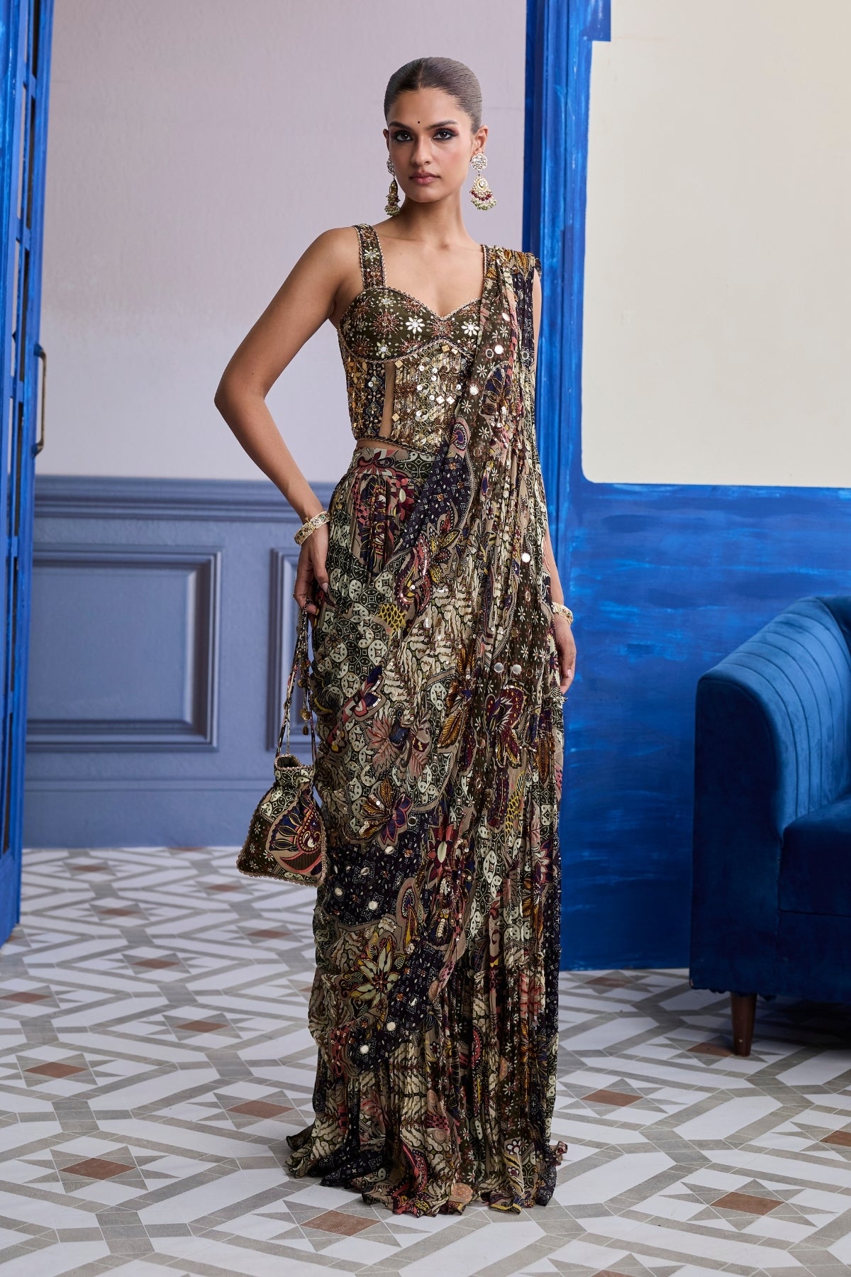 OLIVE PRINT CORSET WITH DRAPE TIERED SKIRT SAREE SET
