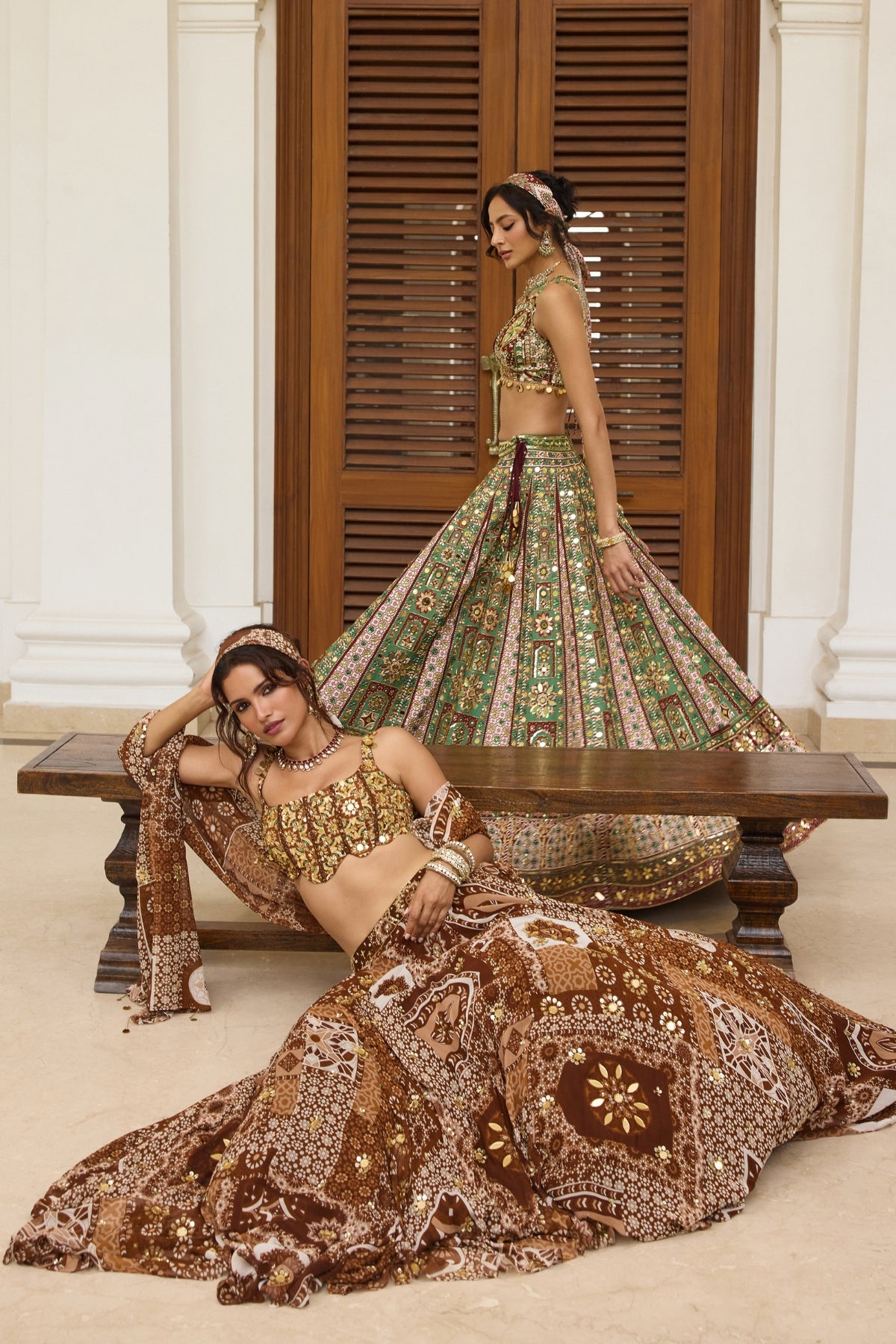 CARAMEL PRINT AND HIGHLIGHTED SCALLOP BLOUSE LEHENGA SET