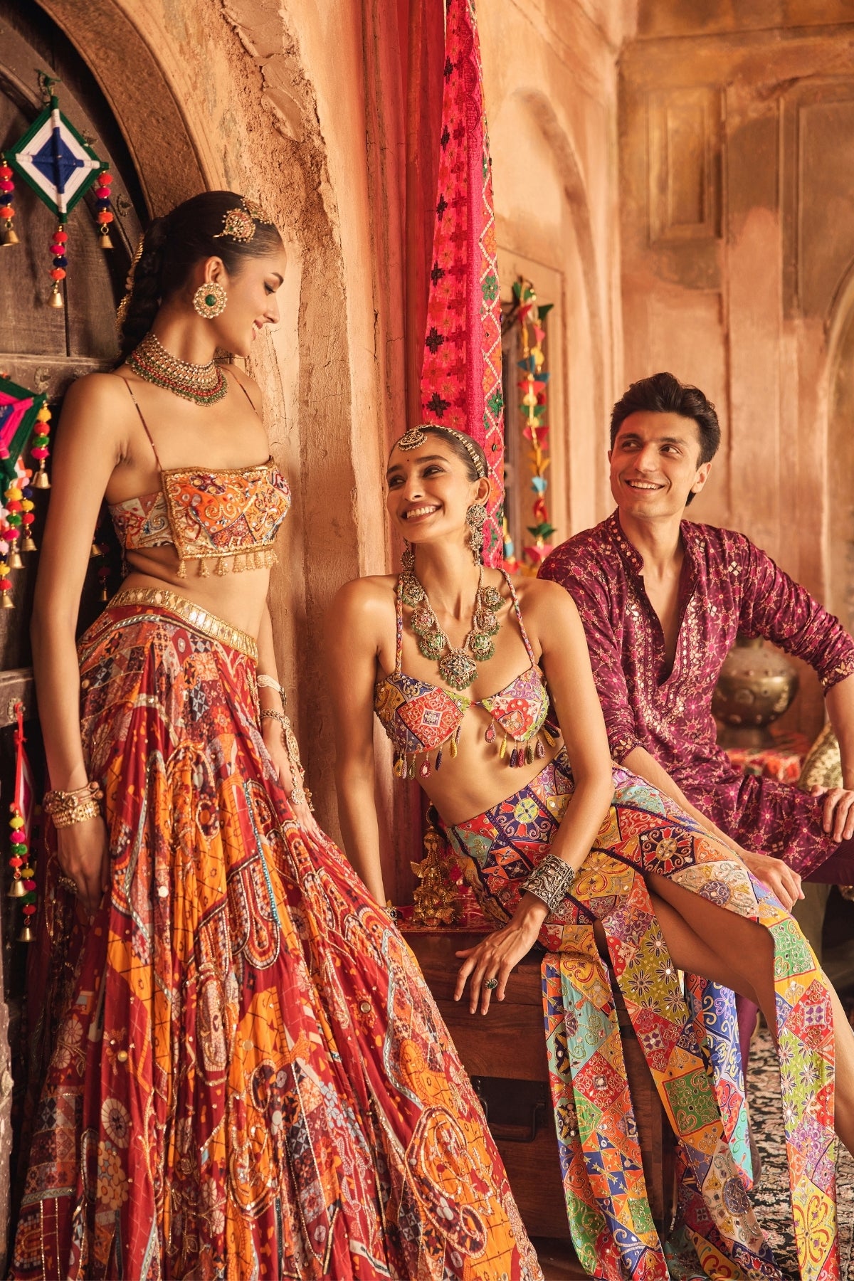 RUST MOSAIC SQUARE NECK BLOUSE WITH LEHENGA & TASSEL DUPATTA SET