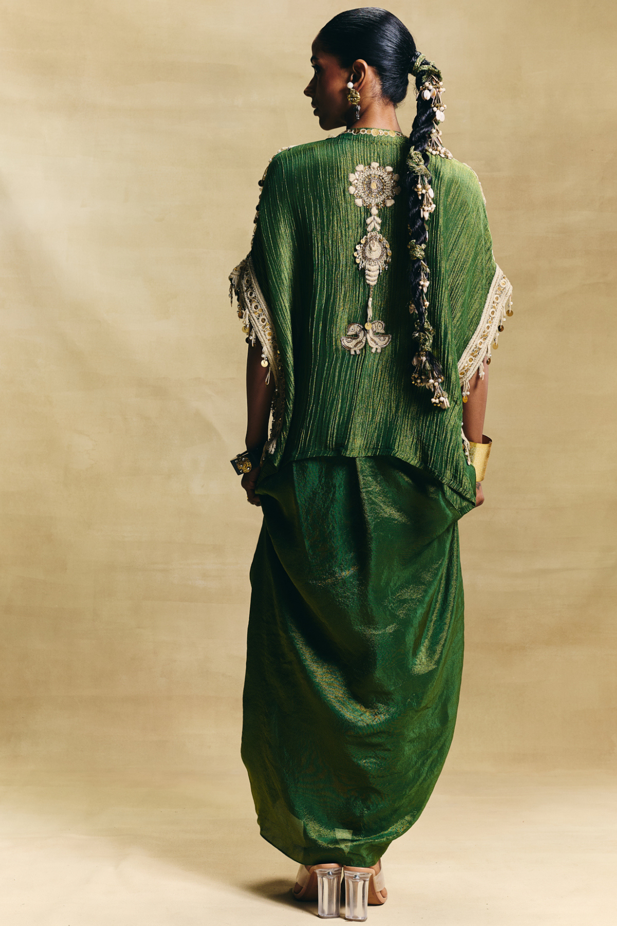 Green kaftan top & draped skirt