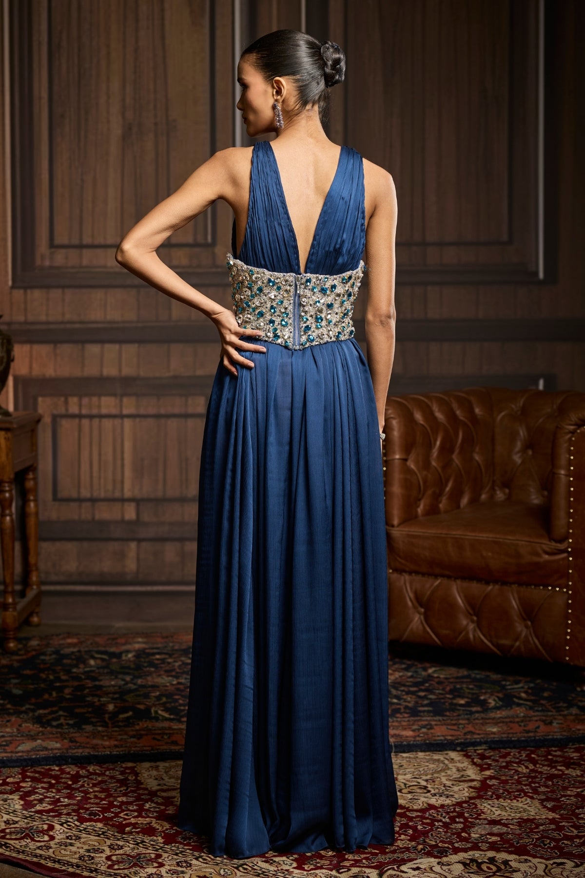 HEAVY EMBELLISHED CORSET BELT STYLED WITH MIDNIGHT BLUE SLIT DRESS