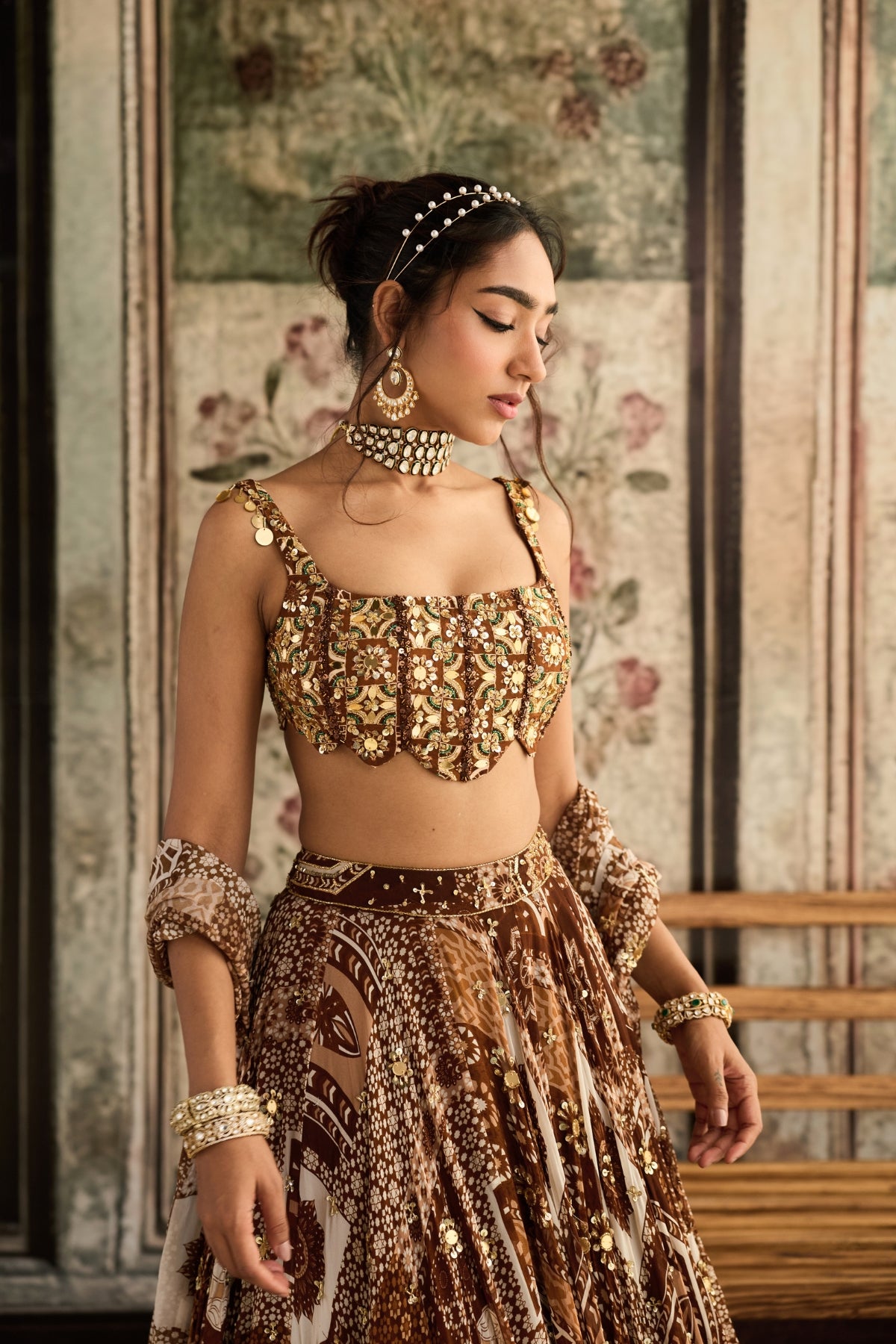 CARAMEL PRINT AND HIGHLIGHTED SCALLOP BLOUSE LEHENGA SET