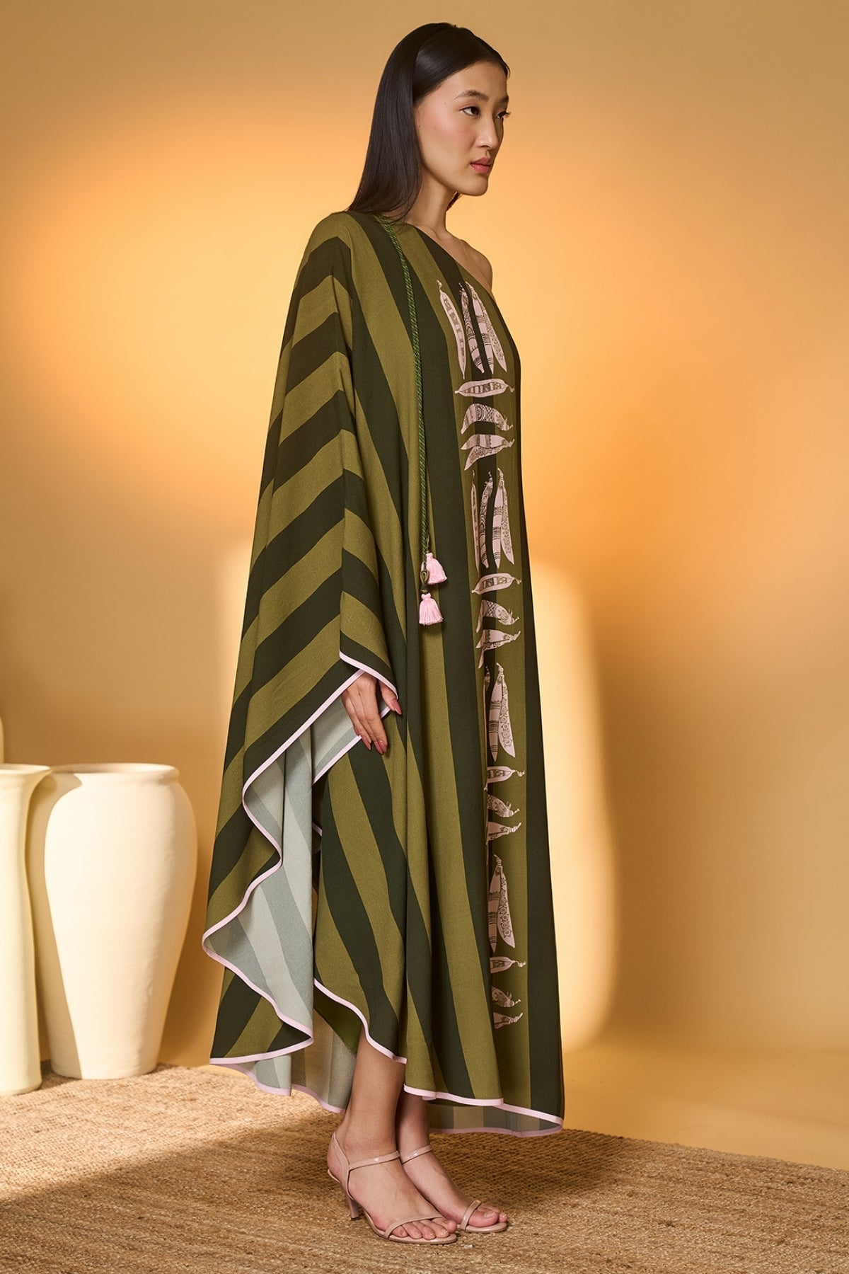 Green Totem Pod One Shoulder Kaftan