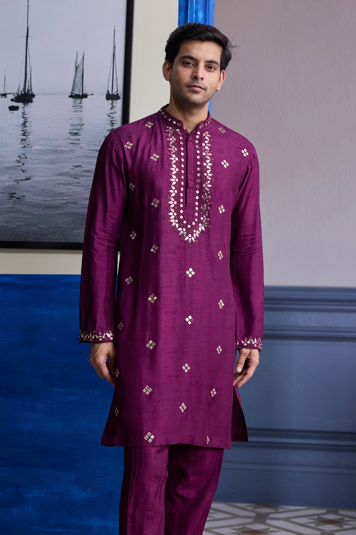 PLUM PRINT HIGHLIGHTED BUNDI WITH SOLID EMBROIDERED KURTA WITH SOLID PANTS