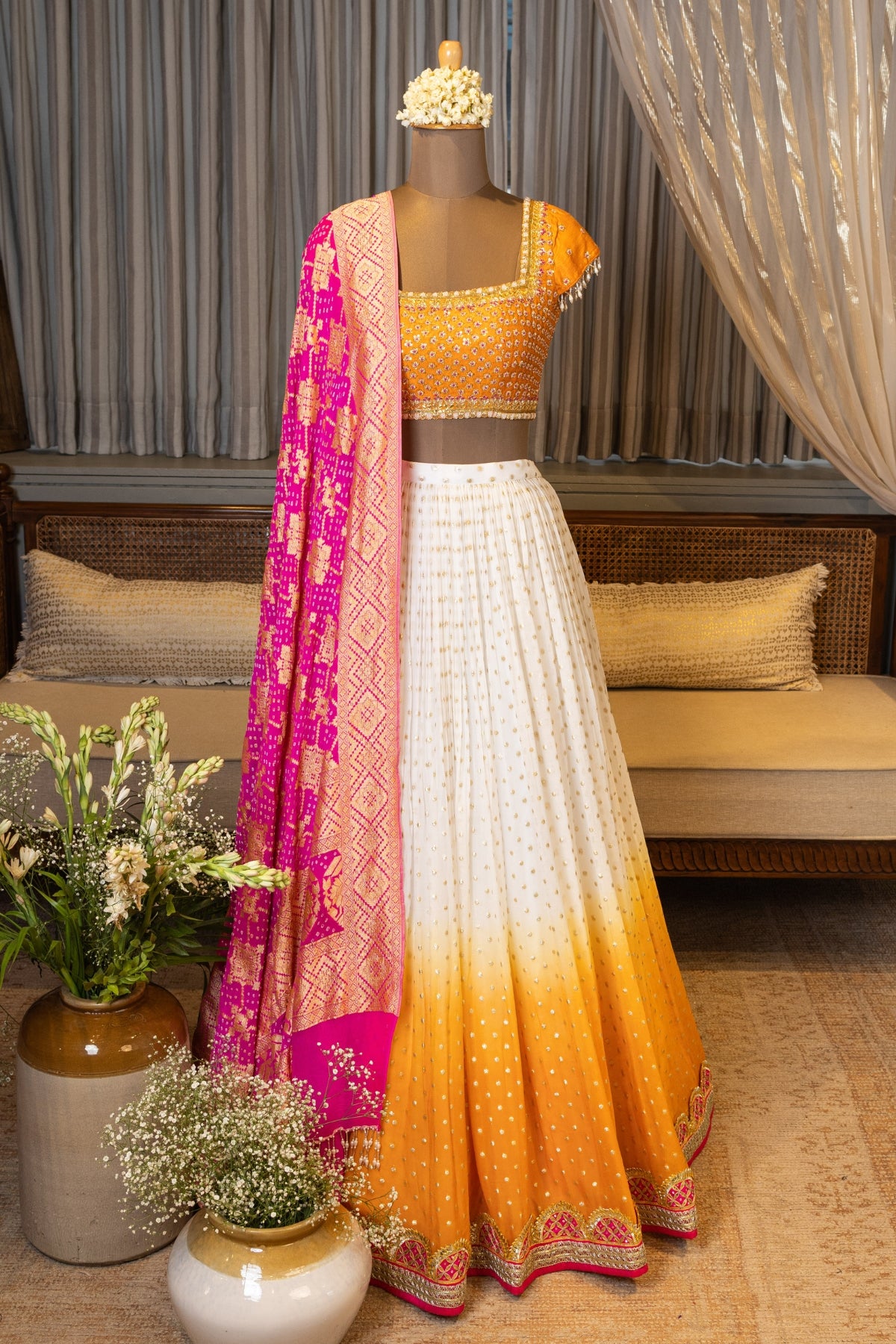 Dip Dye Skirt With Bandhej Dupatta