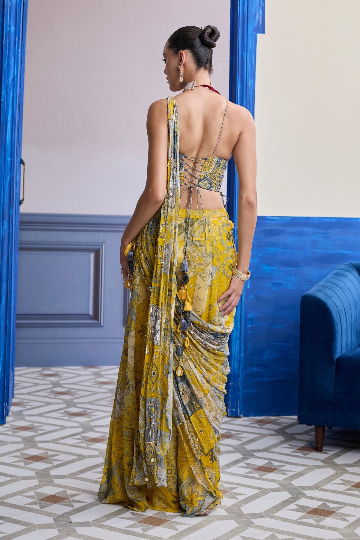 YELLOW GREY MOSAIC RUCHED CORSET WITH DRAPE SHARARA SAREE SET