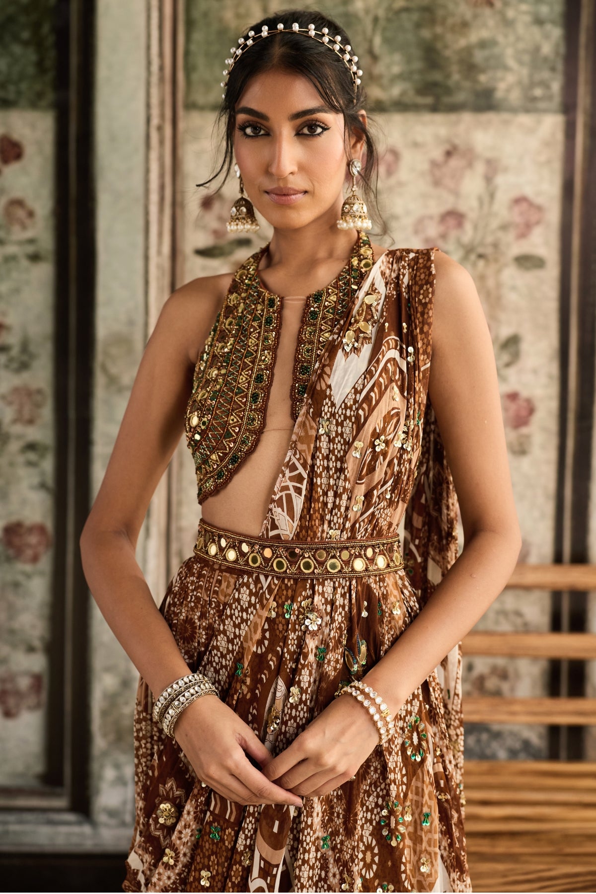 CARAMEL EMBROIDERED HALTER BLOUSE AND CARAMEL PRINT & HIGHLIGHTED SAREE SET