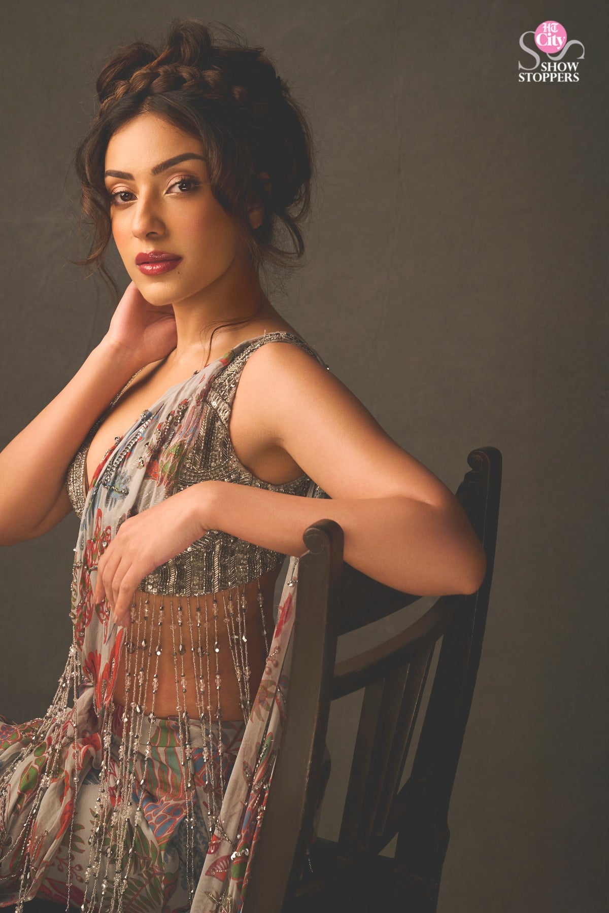 SAHHER BAMBBA IN SLATE GREY EMBROIDERED BLOUSE WITH DHOTI SKIRT SAREE SET