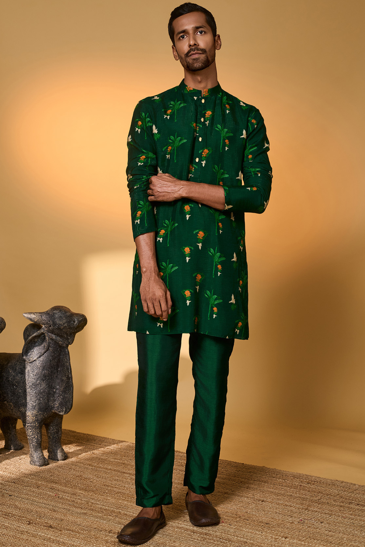 Bottle Green Tropical Kurta Set