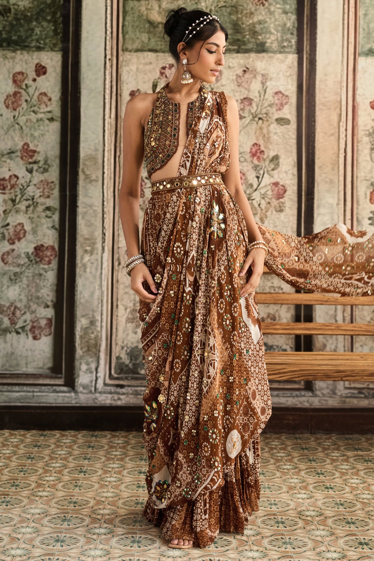 CARAMEL EMBROIDERED HALTER BLOUSE AND CARAMEL PRINT & HIGHLIGHTED SAREE SET