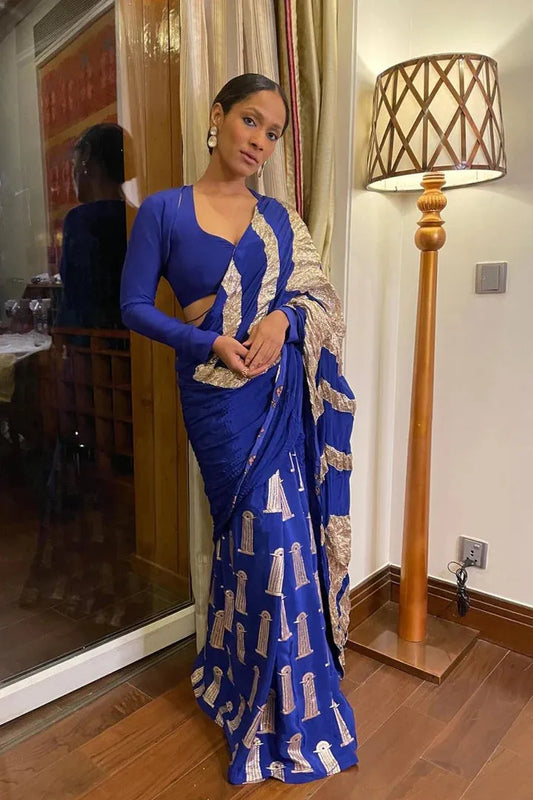 BLUE CRINKLE GOTA PALLA SARI WITH BLOUSE PIECE
