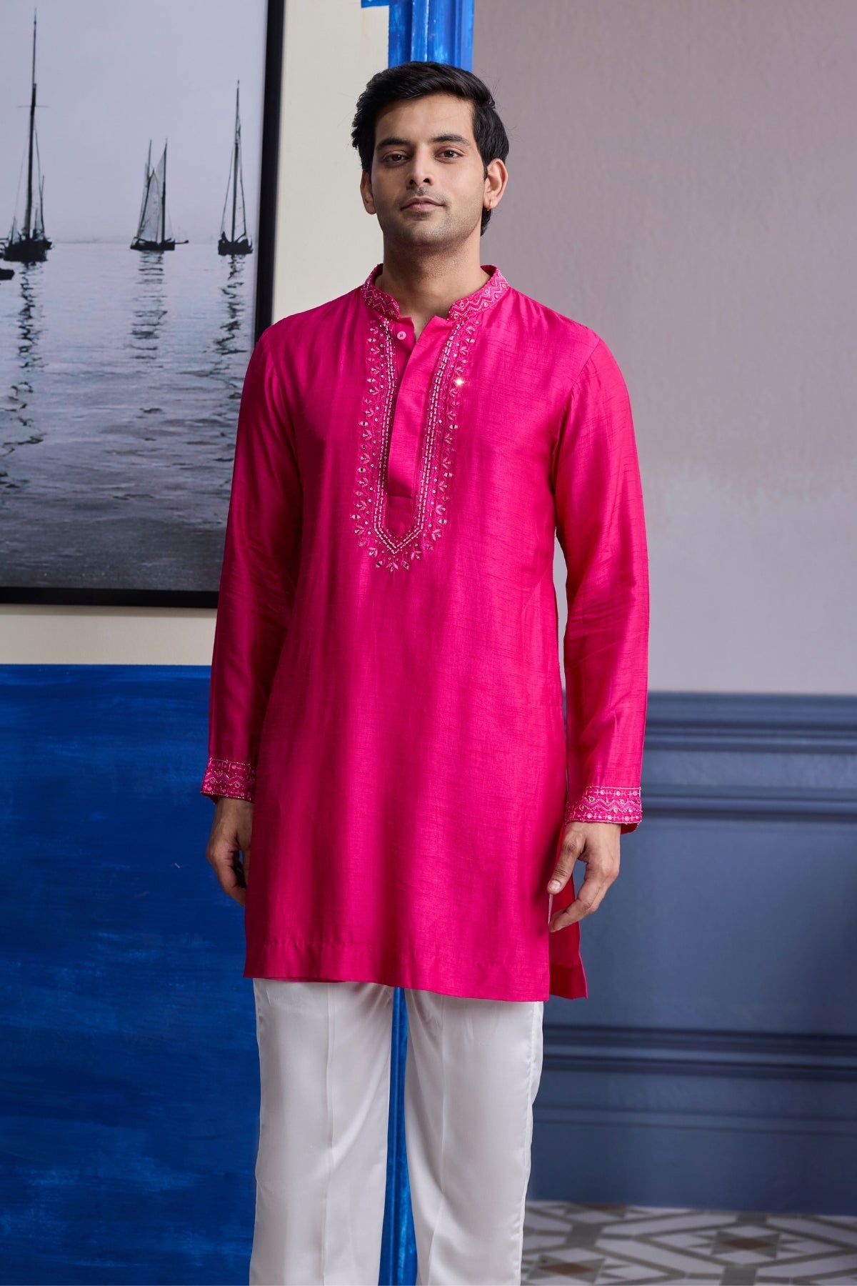 FUSCHIA PINK MIRROR EMBROIDERED & THREAD WORK BANDHGLA JACKET WITH KURTA & PANTS