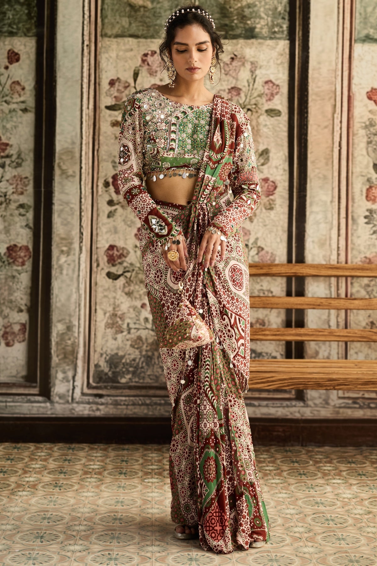 SAGE-MAROON PRINT AND HIGHLIGHTED DHOTI SAREE SET