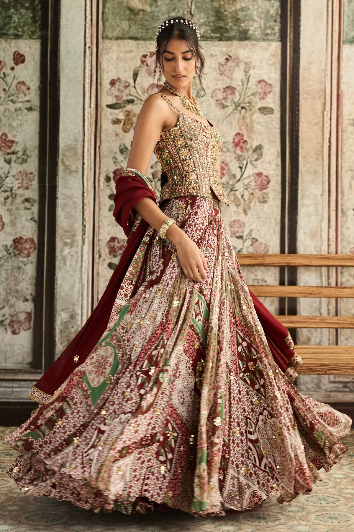 SAGE-MAROON PRINT AND HIGHLIGHTED CORSET BLOUSE LEHENGA SET