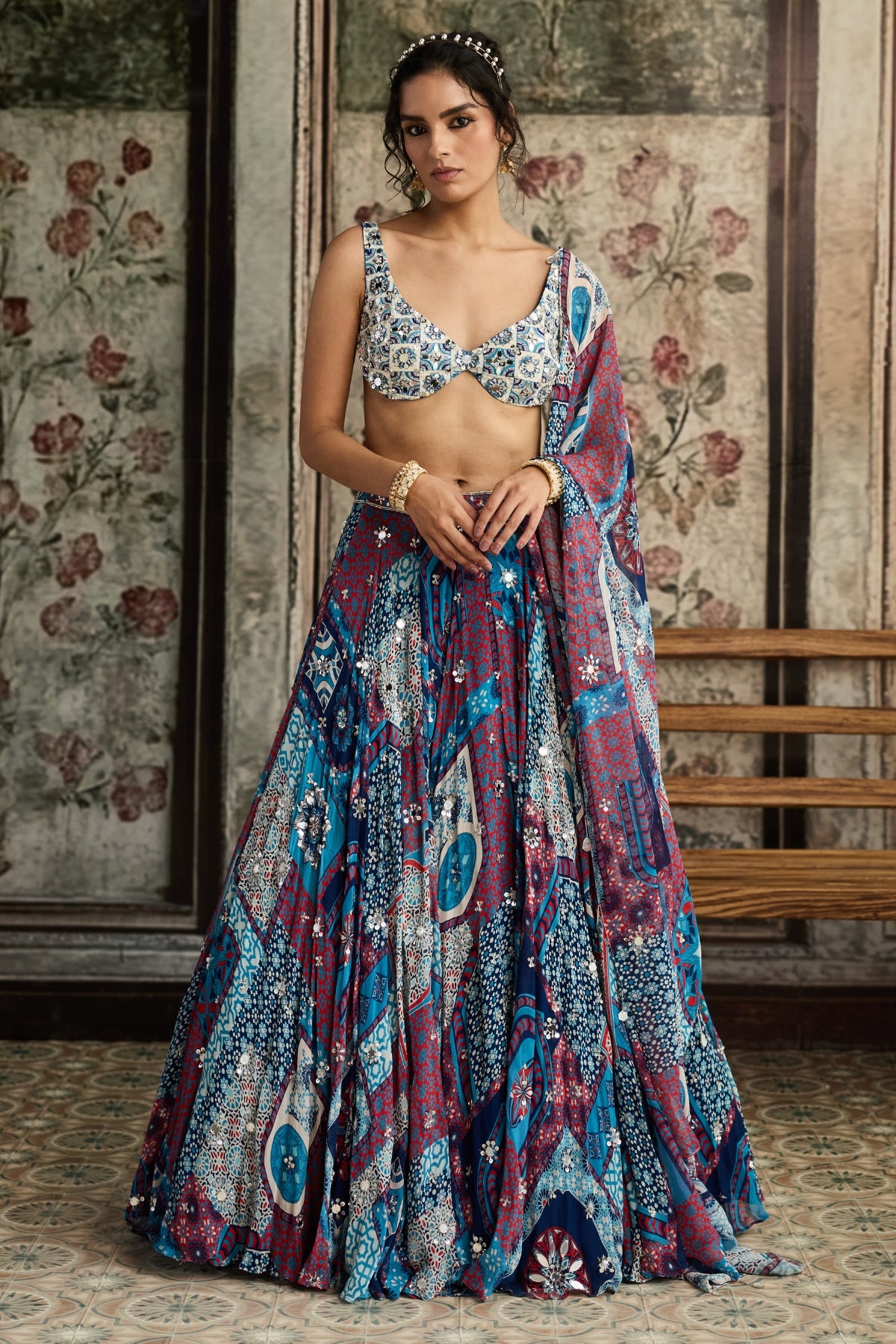 IVORY BUTTA PRINT AND HIGHLIGHTED BLOUSE WITH TEAL PRINT AND HIGHLIGHTED LEHENGA SET