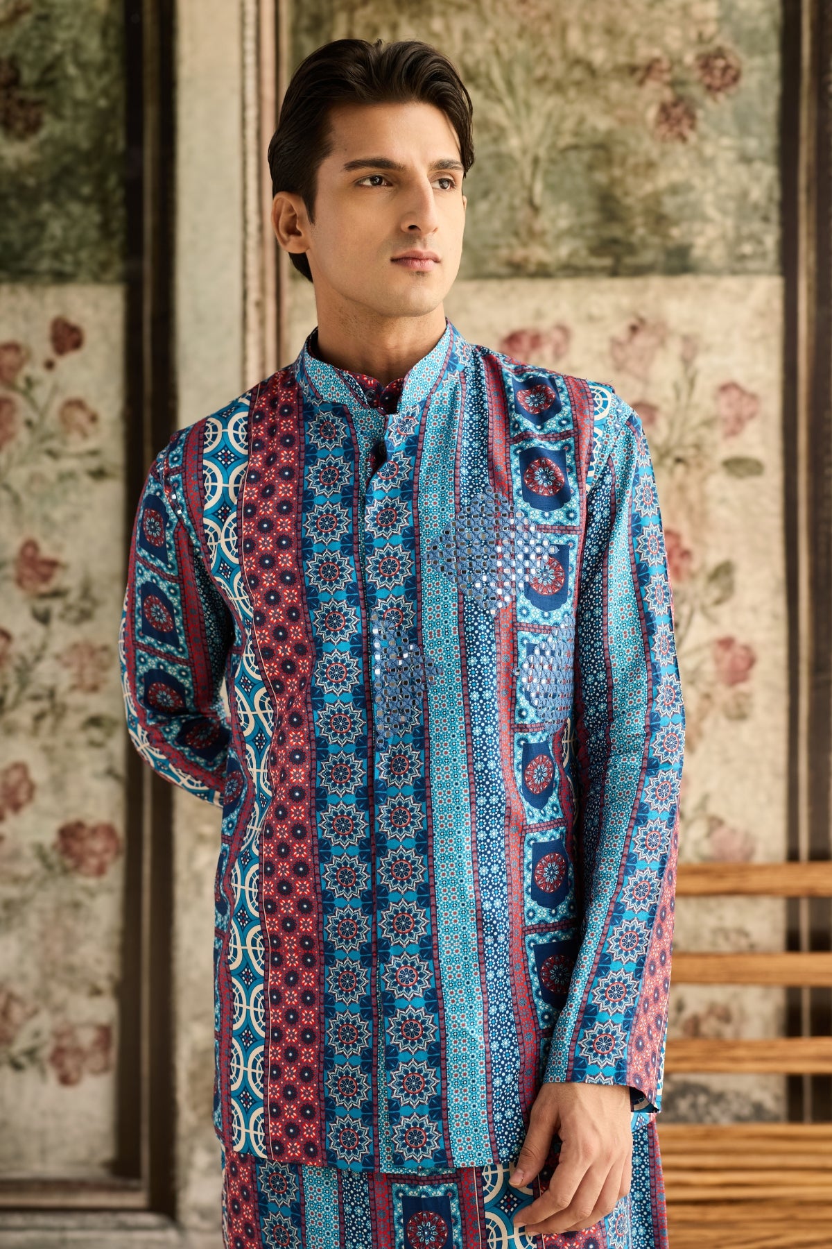 BLUE PRINT & HIGHLIGHTED BUNDY,KURTA AND PANTS SET