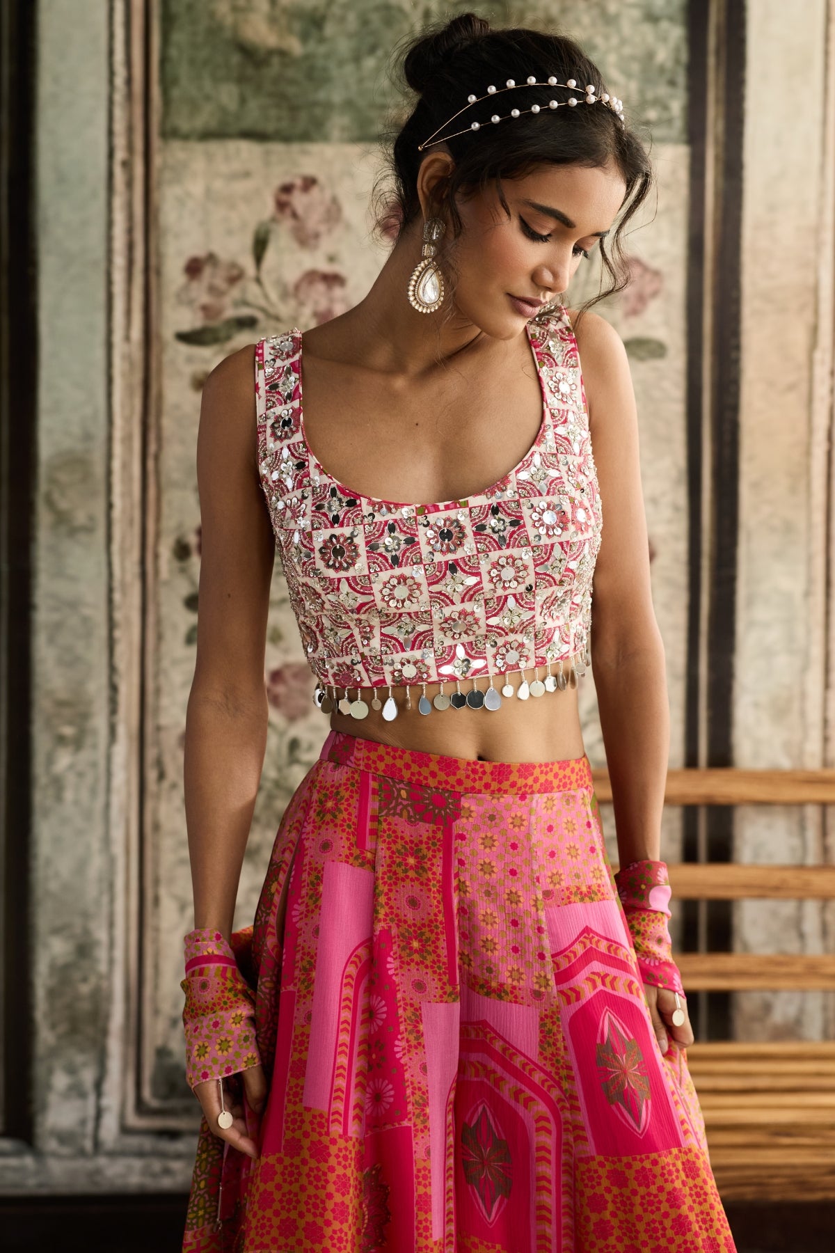 IVORY BUTTA PRINT AND HIGHLIGHTED SQUARE NECK BLOUSE WITH YELLOW-FUSCHIA PRINT SHARARA SET