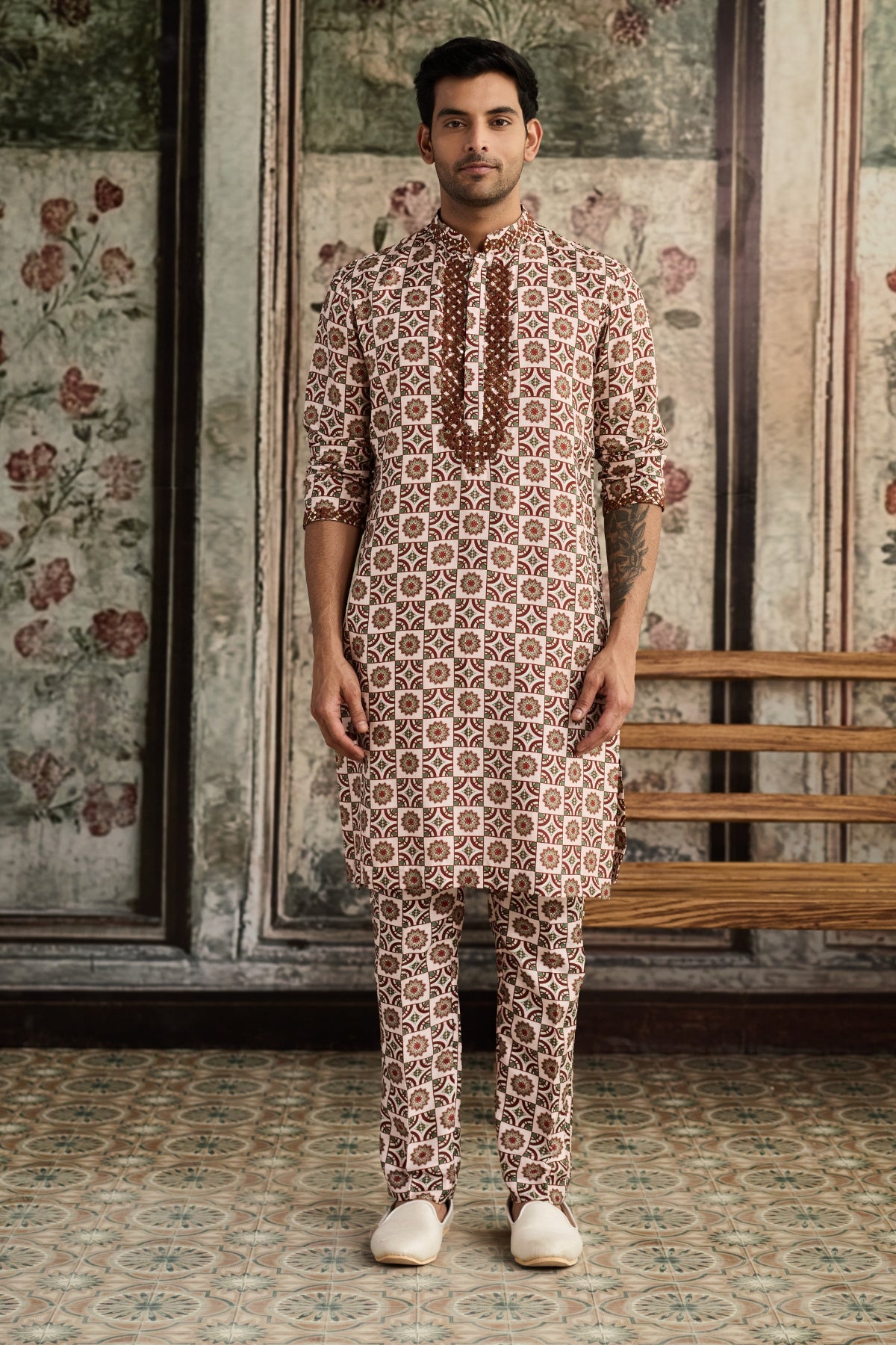 CARAMEL & IVORY PRINT & HIGHLIGHTED KURTA  &PANTS