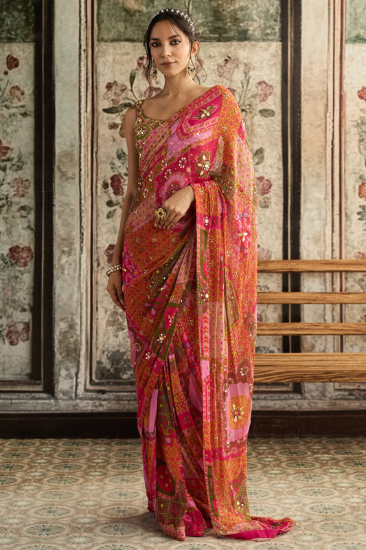 SAGE BUTTA PRINT AND HIGHLIGHTED ONE-SHOULDER BLOUSE WITH YELLOW-FUSCHIA PRE-DRAPED CLASSIC SAREE SET