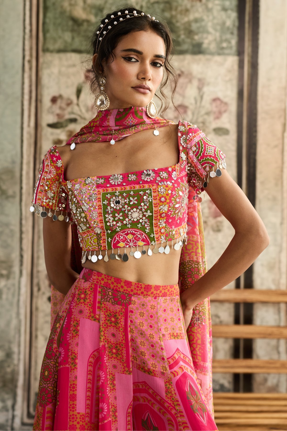 YELLOW-FUSCHIA PRINT AND HIGHLIGHTED SHARARA SET