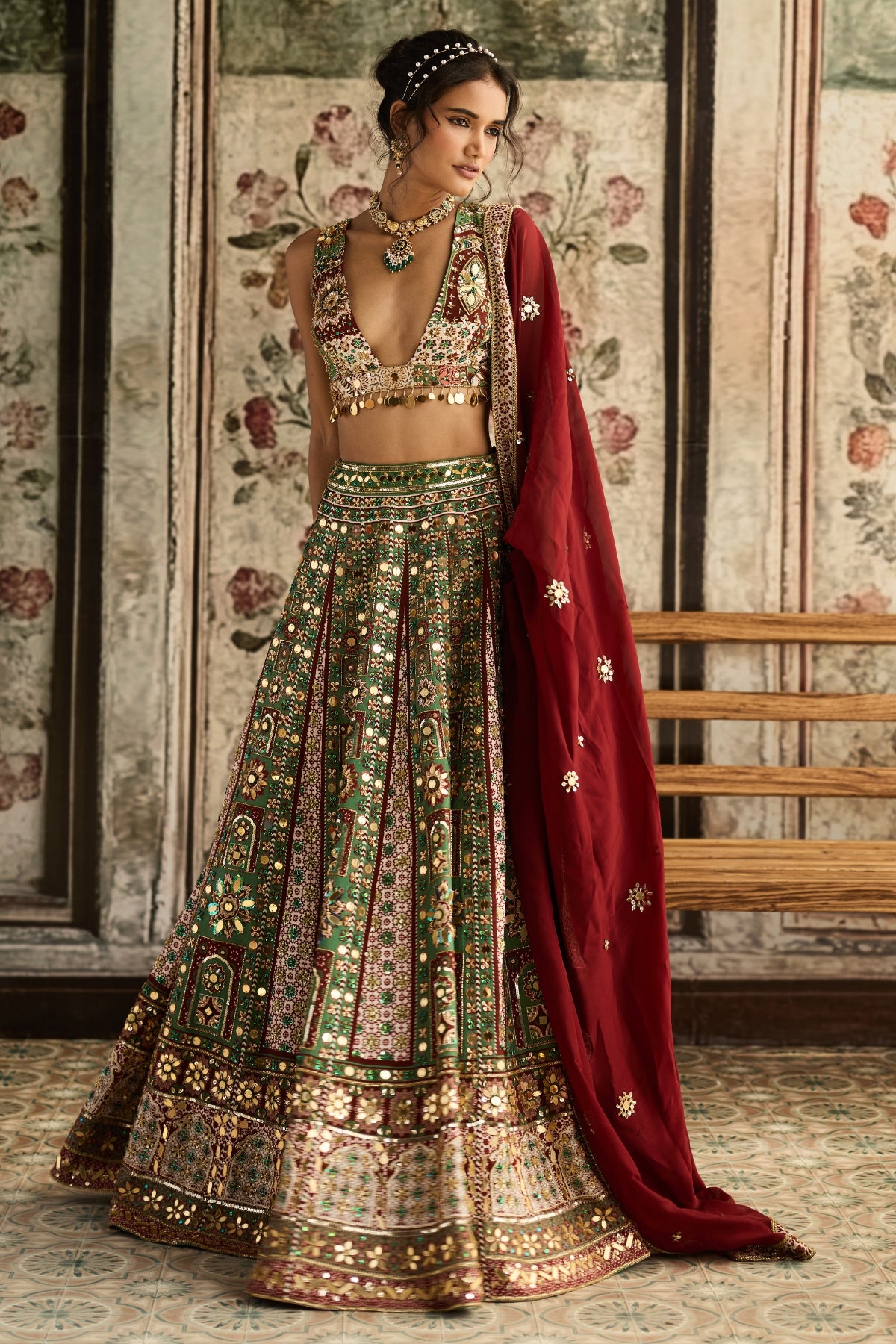 SAGE-MAROON PRINT AND HIGHLIGHTED LEHENGA SET