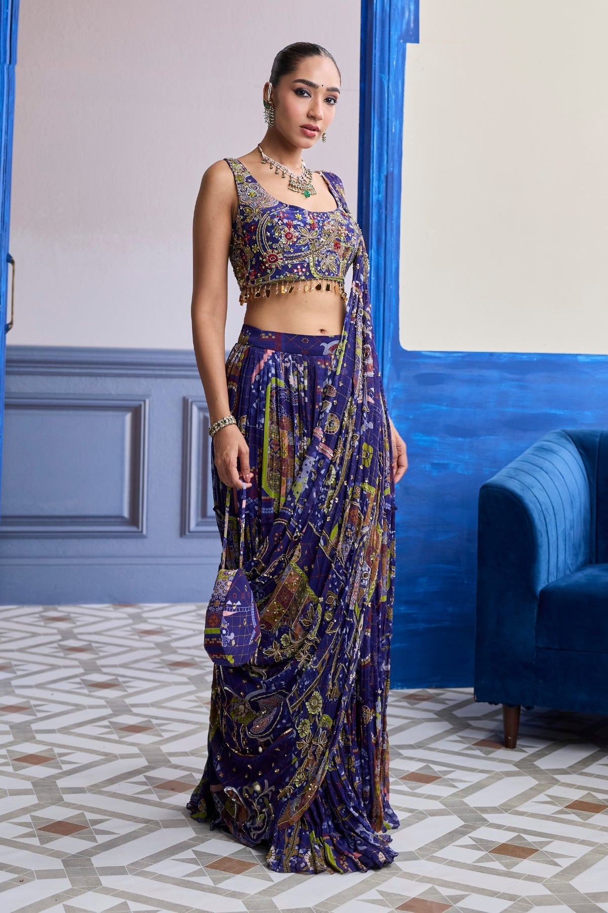 VIOLET MOSAIC BLOUSE WITH DRAPE TIERED SKIRT SAREE SET