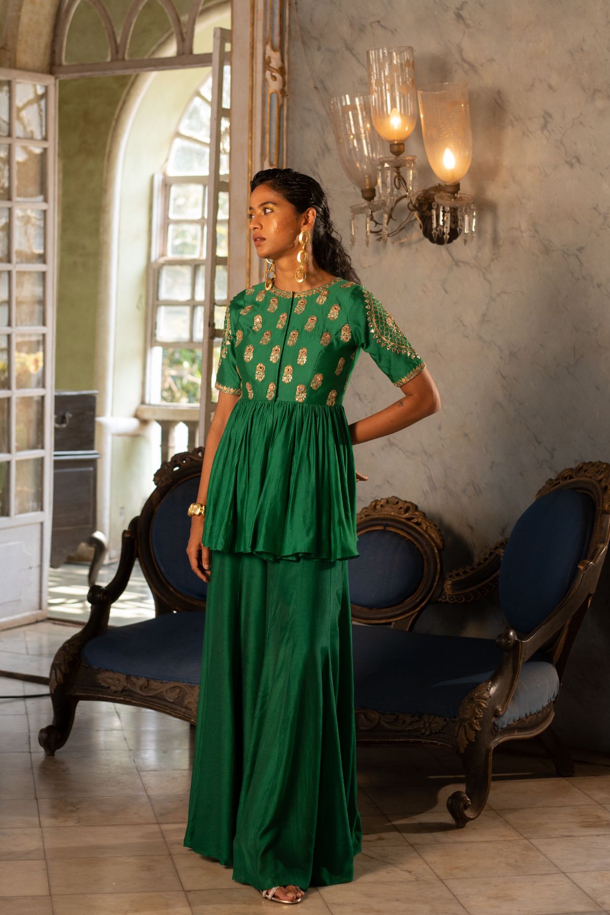 Emerald Green Motif Peplum Set L / Green Emerald Green Motif Peplum Set L / Green