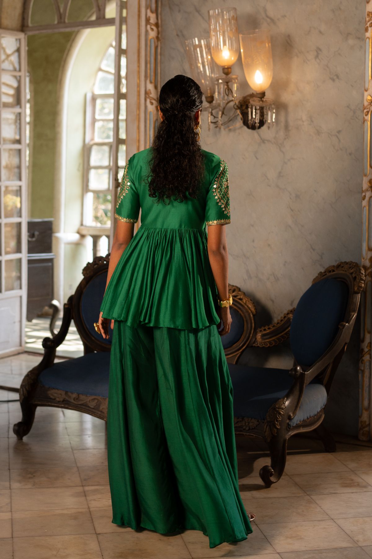 Emerald Green Motif Peplum Set