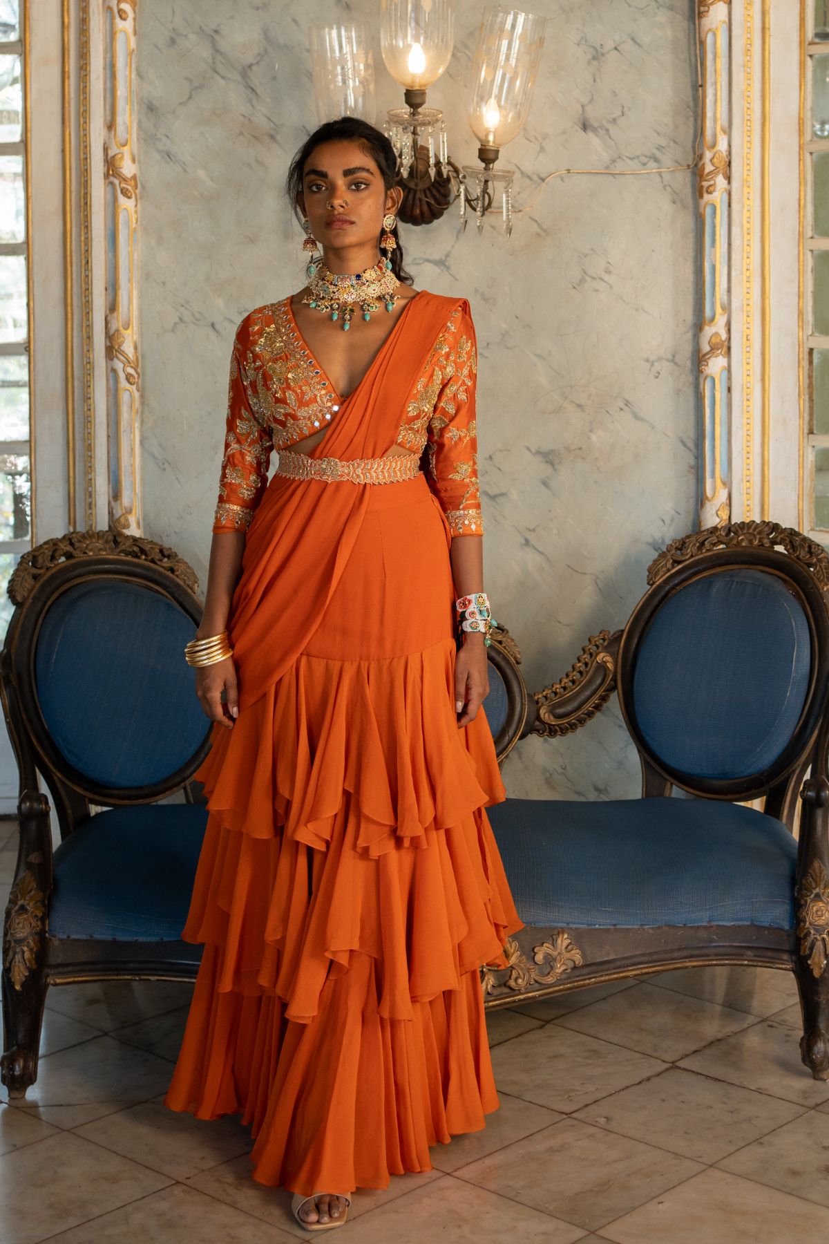 Burnt Orange Three Layer Saree Set