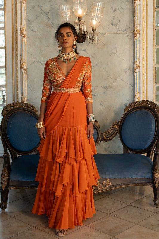 Burnt Orange Three Layer Saree Set
