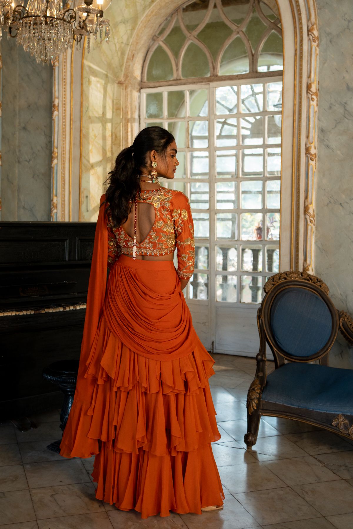 Burnt Orange Three Layer Saree Set