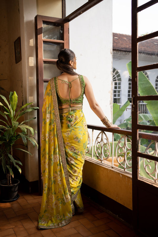 Refreshing Yellow Mint Saree Set