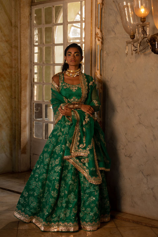 Emerald Green Self Woven Lehenga Set