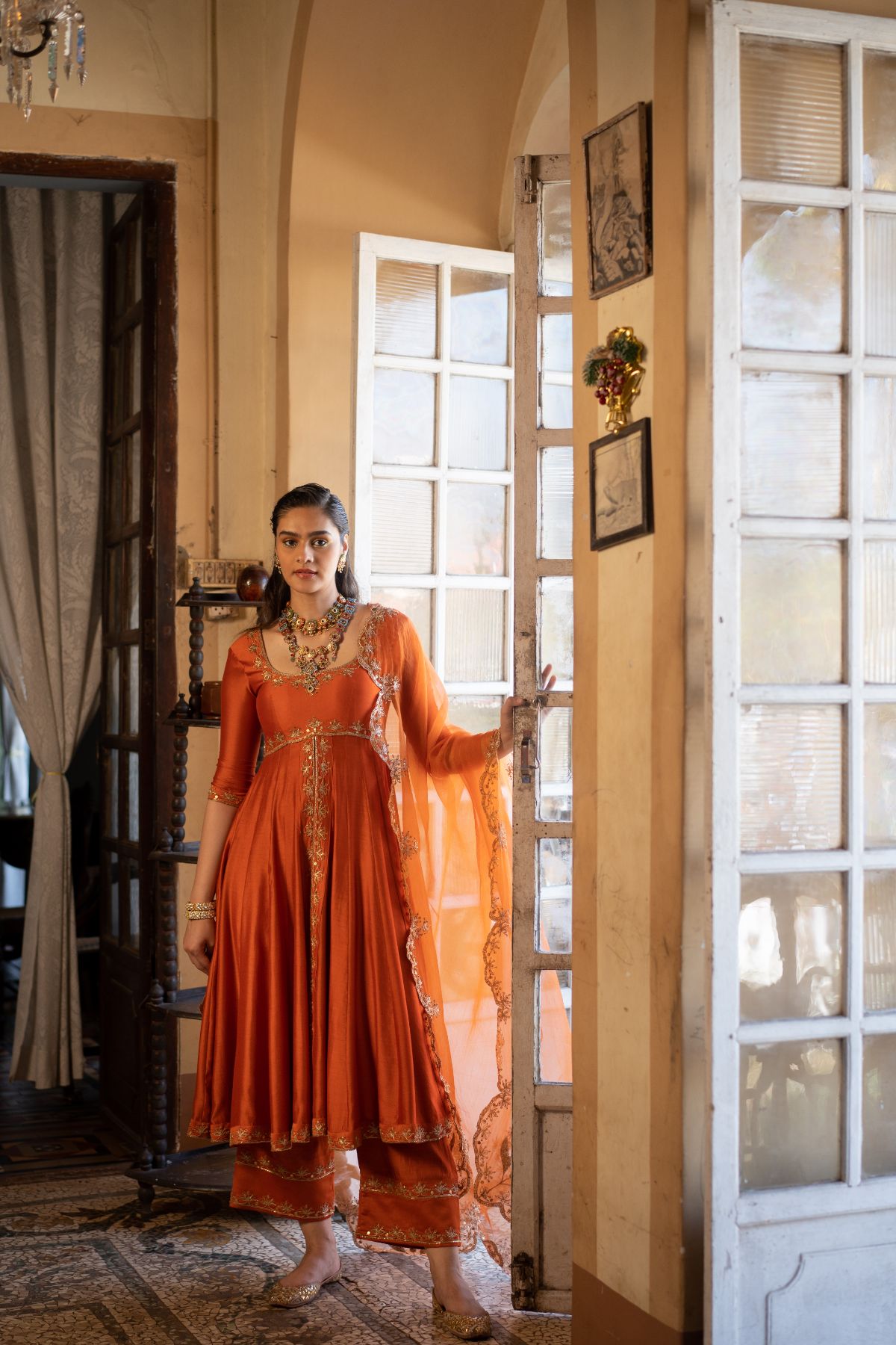 orange anarkali dress Embroidery Burnt Orange Anarkali Suit With Banarasi Organza Dupatta
