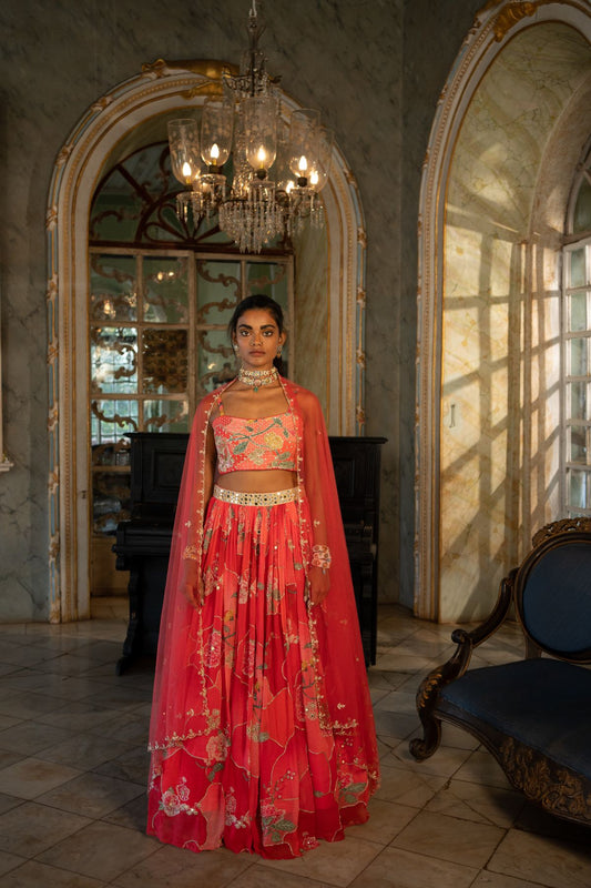 Red Nakhsa Printed Lehenga Set
