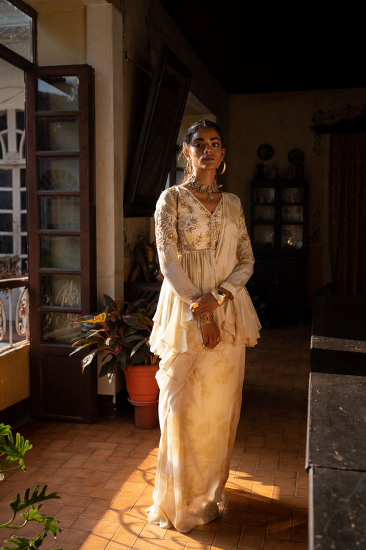 Ivory Soothing Floral Peplum Saree Set