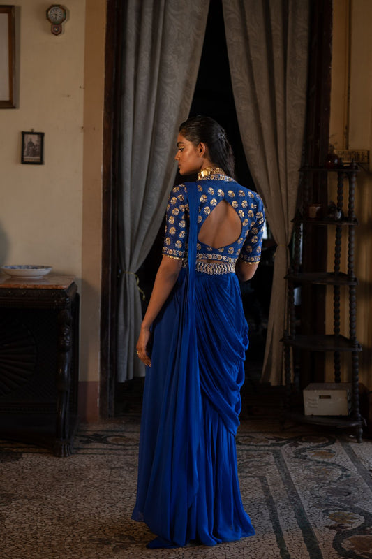 Electric Blue Antique Embroidered Sari Set