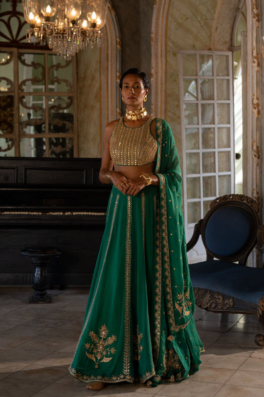 Emerald Green Mirror Blouse Lehenga Set