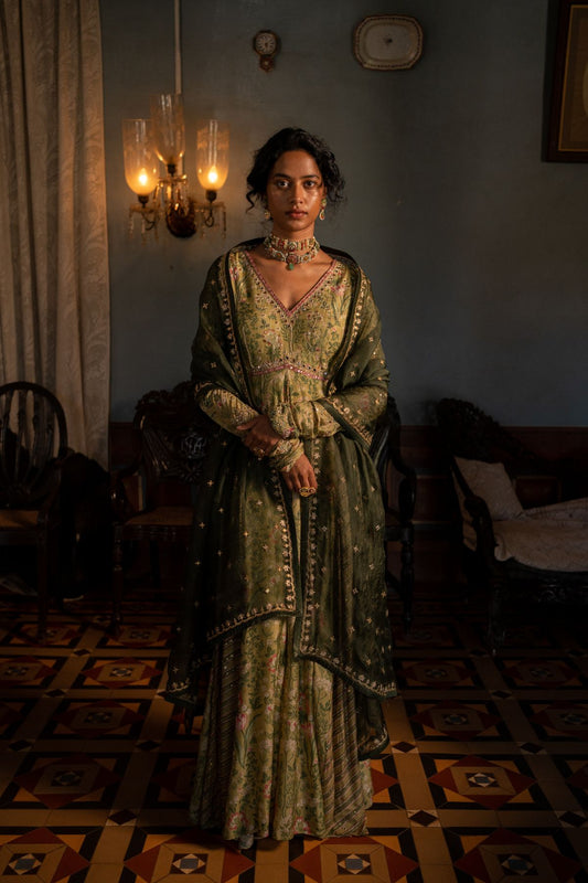 Sage Green Tropical Vneck Backless Anarkali Set