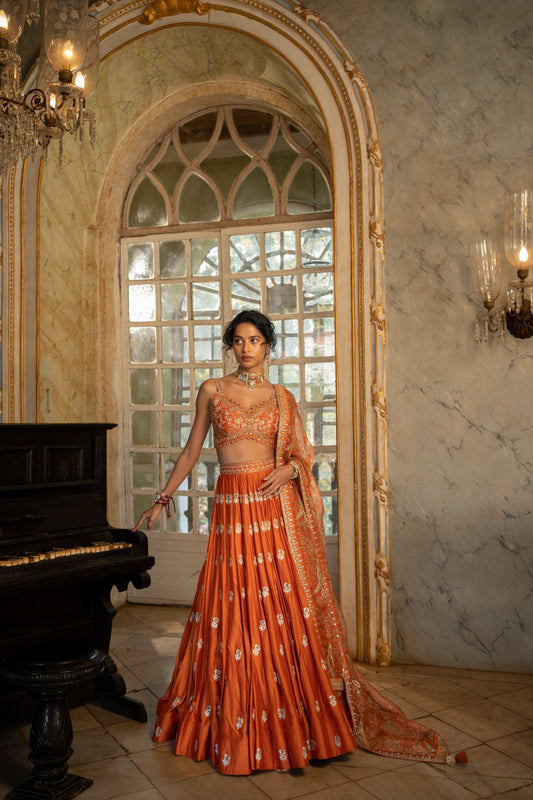 Burnt Orange Buti Embroidered Lehenga Set