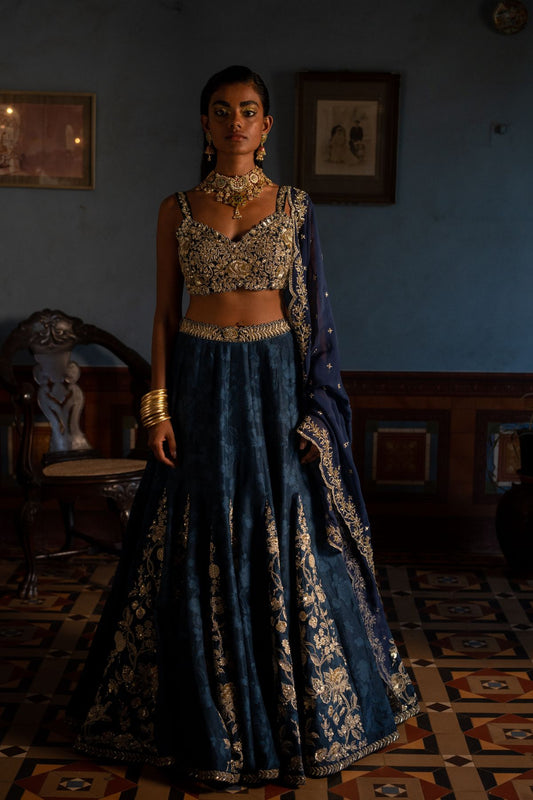 Blue Self Woven Kali Embroidered Lehenga Set