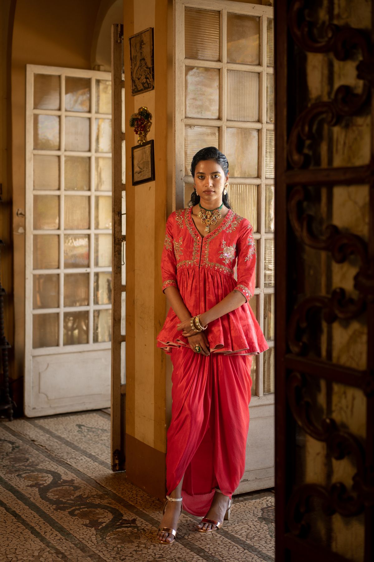 Red Self Woven Peplum Set