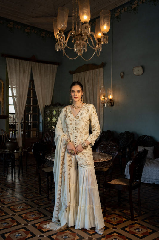 Ivory Self Woven Kurti Set