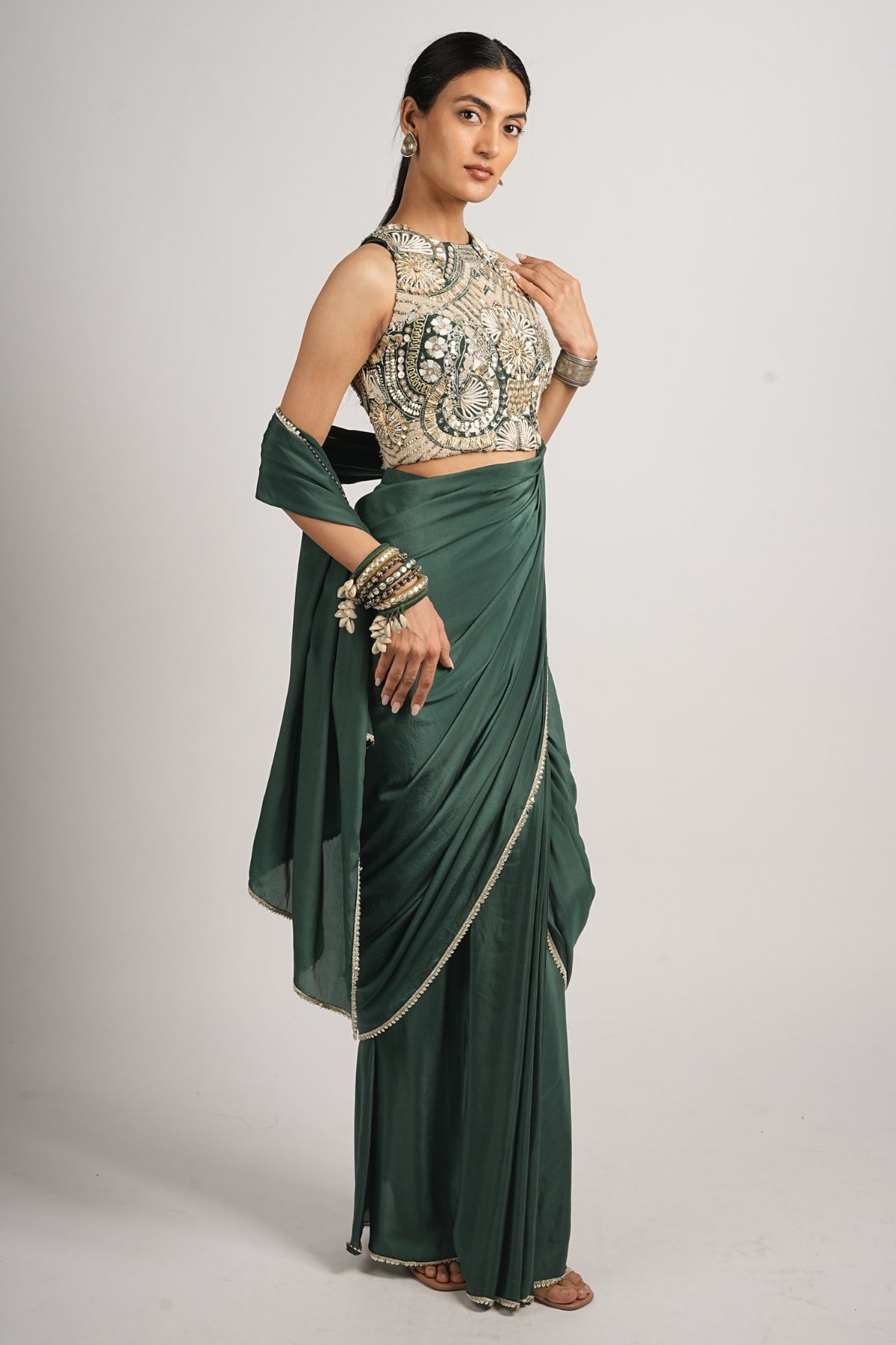 Emerald Regal Saree With Embellished Blouse Set
