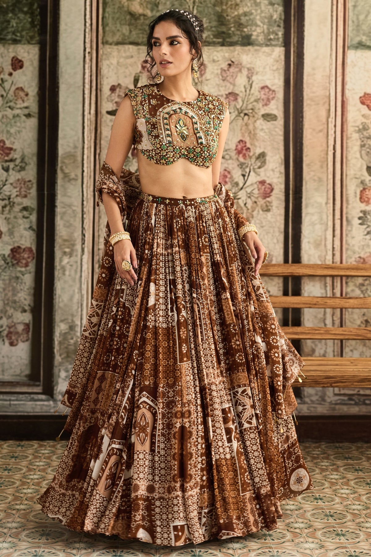 CARAMEL PRINT AND HIGHLIGHTED BLOUSE AND LEHENGA SET
