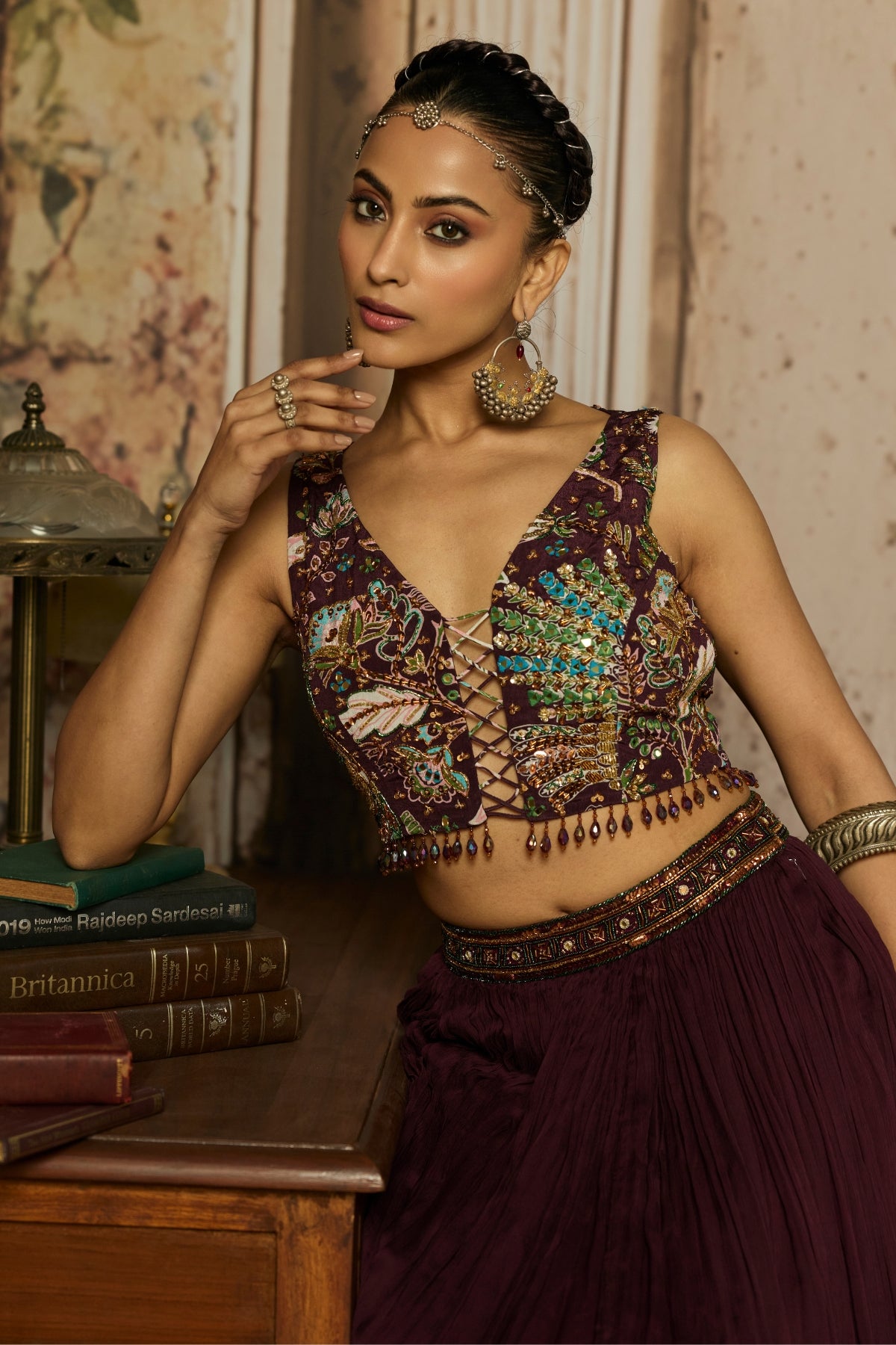 PLUM PRINT AND HIGHIGHTED BLOUSE WITH SKIRT SET