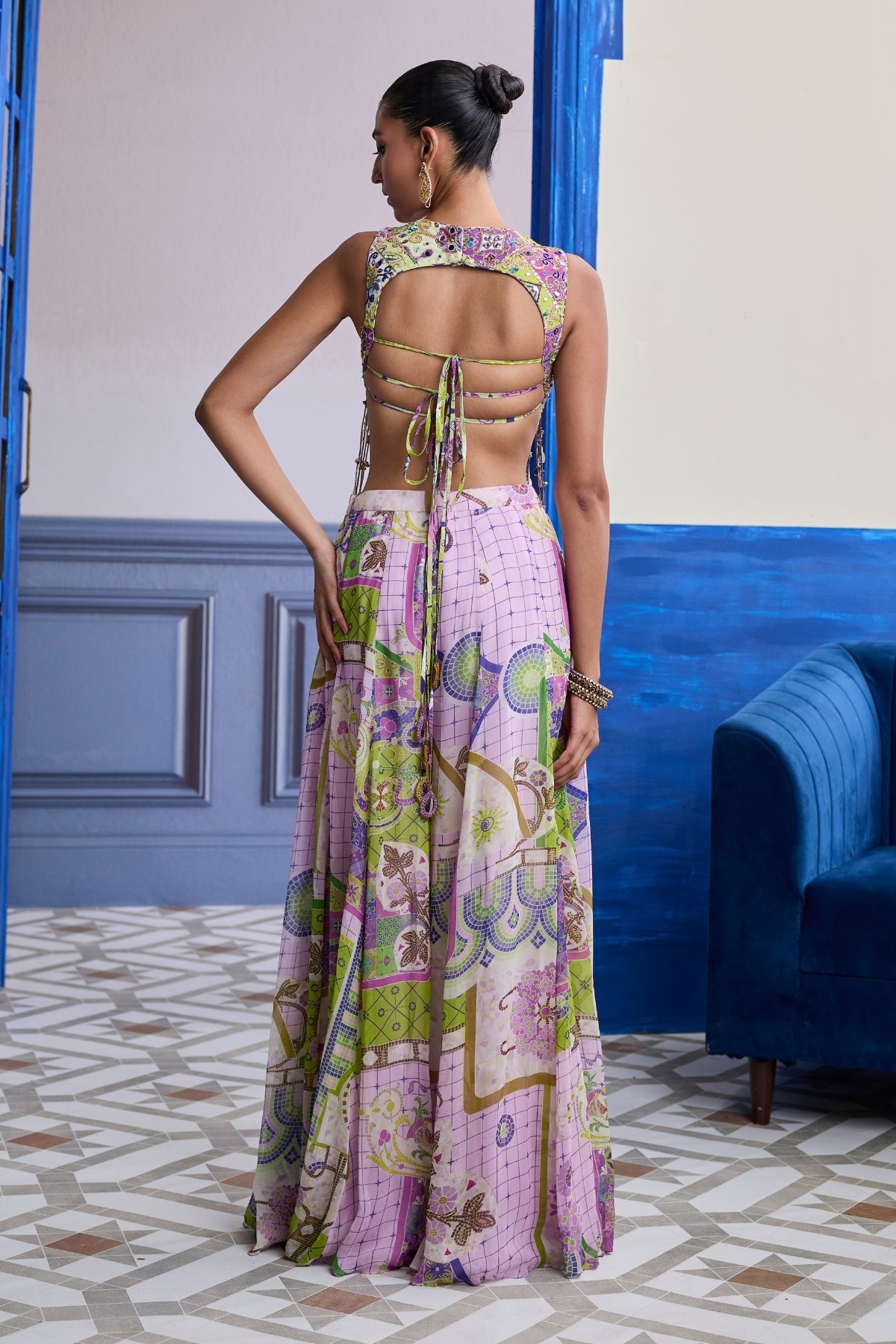BUBBLEGUM MOSAIC YOKE BLOUSE WITH LONG TASSELS & PRINTED SHARARA SET