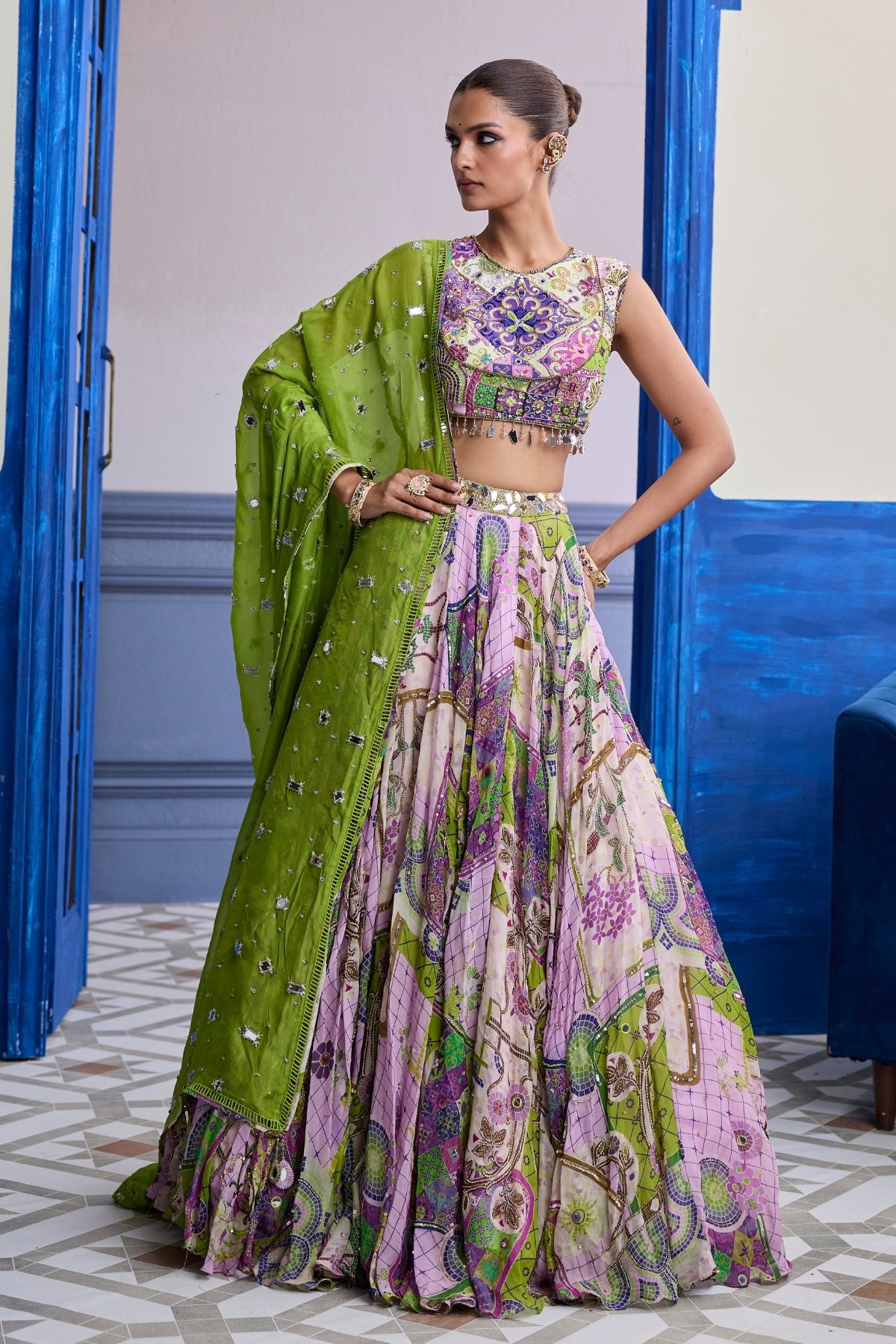 BUBBLEGUM MOSAIC YOKE BLOUSE WITH LEHENGA & EMBROIDERED DUPATTA SET